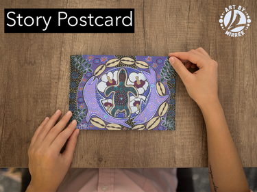 'Dolphin and Turtle Dreaming with Flower Medicine' Aboriginal Art A6 Story PostCard Single by Mirree